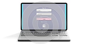 Login on a computer laptop screen isolated on white background, front view. Internet security concept