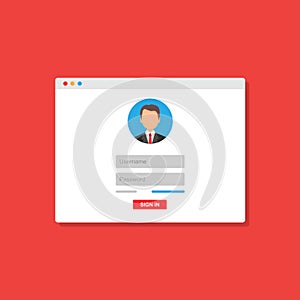 Login form, login page open in a web browser window. Online registration form