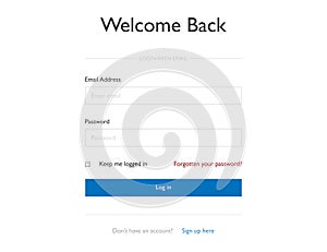 Login form for members. Sign in mockup window. Template form for user with email and password fields. Forgotten password photo