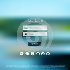 Login form page. with blurred background. Web site template, ui element.