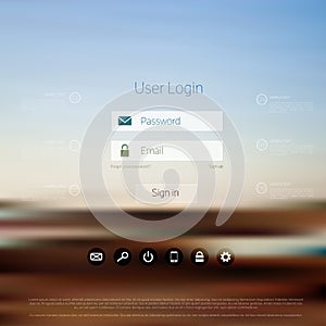 Login form page. with blurred background. Web site template, ui element.