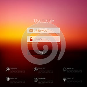 Login form page. with blurred background. Web site template, ui element.