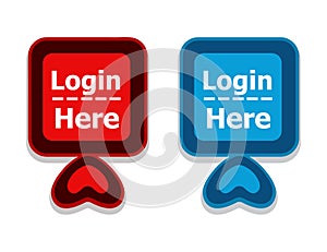 Login here register web button icon set. Signup sign red and blue color. Ui symbol for new enter to website account, Vector photo