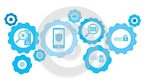 login lock, key gear blue icon set. Abstract background with connected gears and icons for logistic, service, shipping,