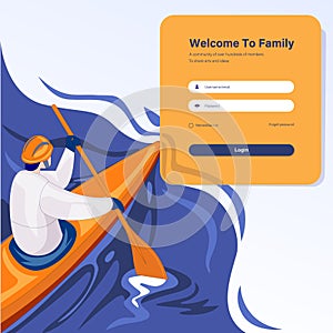 Login page design concept illustration, man on kayak board raiding