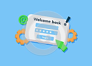 Login page Illustration, Notifications page with floating elements. User name, password fields