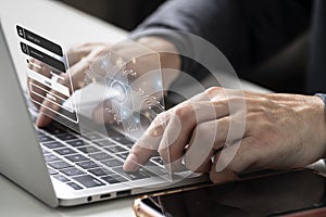 Login and password of cyber security and networking concept. User typing password secure access to personal information.