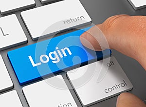 Login pushing keyboard with finger 3d illustration