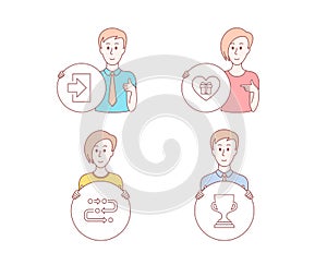 Login, Romantic gift and Methodology icons. Award cup sign. Sign in, Surprise with love, Development process. Vector