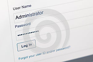 Login screen. Username and password on computer screen
