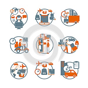 Logistic circle grey orange icons set