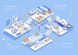 Logistic company concept 3d isometric web scene with infographic. People working in delivery office and provide road, marine and