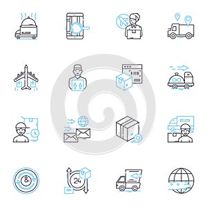 Logistic company linear icons set. Shipping, Transport, Distribution, Warehousing, Freight, Logistics, Supply chain line