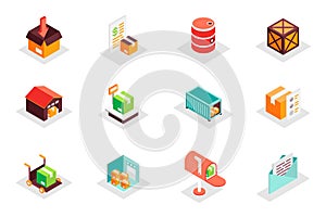 Logistic concept 3d isometric icons set. Pack isometry elements