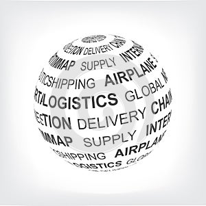 Logistic concept. Global logistics network. Globe with different association terms in gray.