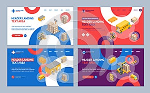 Logistic Delivery Service Landing Web Page Template Set Isometric View. Vector