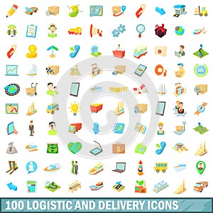 100 logistic and delivery icons set, cartoon style