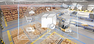 Logistic delivery service application on a warehouse background