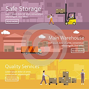 Logistic and delivery service concept banner. Warehouse interior. Vector illustration in flat style design