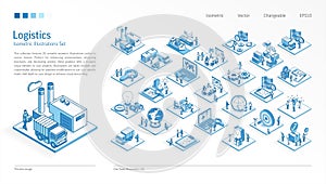 Logistic, distribution business Isometric illustrations set. Busy people teamwork 3d supply chain scenes. Men, women