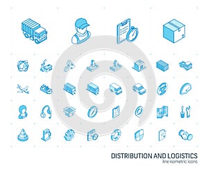Logistic and distribution isometric line icons. 3d vector