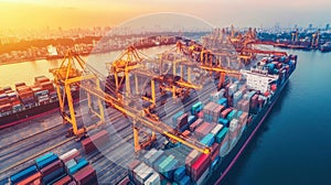 Logistic global import export cargo ship and craine at industrial port