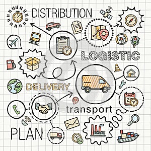 Logistic hand draw integrated color icons set