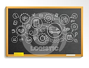 Logistic hand draw integrated icons set on school blackboard