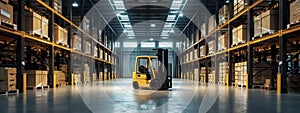 Logistic hub Retail warehouse with boxes, pallets, and forklifts in action