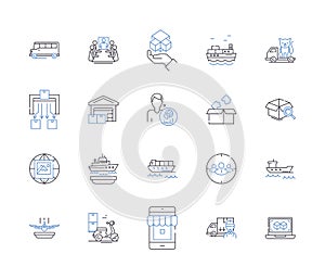 Logistic management outline icons collection. Logistics, Management, Supply, Chain, Order, Delivery, Warehouse vector