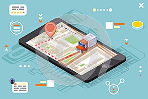 Logistic mobile delivery tracking app 3d isometric smartphone truck pin city street map flat design vector illustration