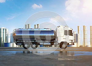 Logistic oil tank semi trailer truck at oil refinery