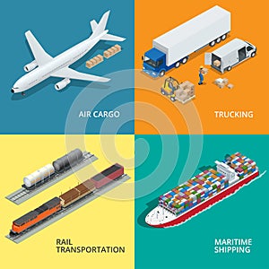 Logistic realistic icons set of air cargo, trucking, rail transportation