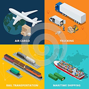 Logistic realistic icons set of air cargo, trucking, rail transportation, meritime shipping. On-time delivery. Delivery photo