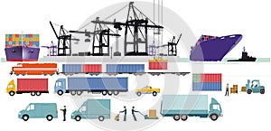 Logistic and shipping, container transportation, port illustration