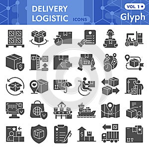 Logistic solid icon set, delivery symbols set collection or vector sketches. Shipping signs set for computer web, the
