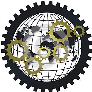 Logistic supply chain gear network concept with globe