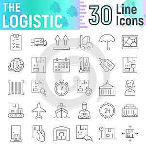 Logistic thin line icon set, delivery symbols collection, vector sketches, logo illustrations, shipping signs