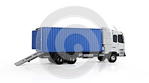 Logistic trailer truck or lorry with container open on white background