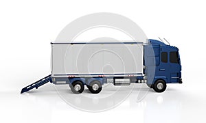 Logistic trailer truck or lorry with container opened on white background