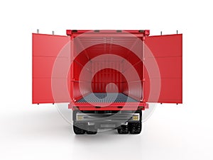 Logistic trailer truck or lorry with empty container open on white background