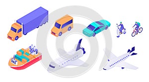Logistic transport isometric set. Modern cargo tanker with containers, high speed white plane heavy truck refrigerator.