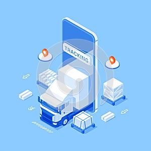 Logistic transportation online tracking smartphone app isometric banner vector illustration