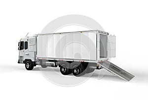 Logistic van trailer truck or lorry with container opened on white background