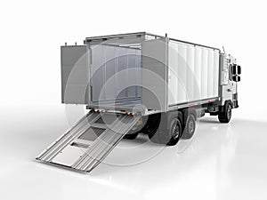 Logistic van trailer truck or lorry with container opened on white background