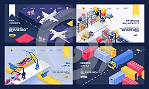 Logistic and warehouse service isometric vector illustration sea cargo, delivery and air transportation landing web page