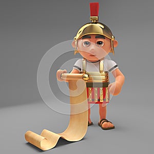 Logistically minded Roman centurion soldier reads his scroll, 3d illustration