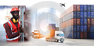 Logistics background for delivery business or transportion industry,African American engineer working in container area  logistics