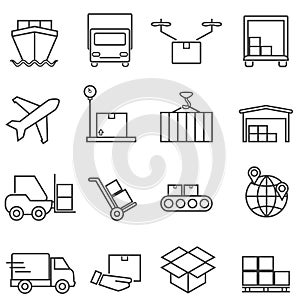 Logistics, cargo and shipping line icons