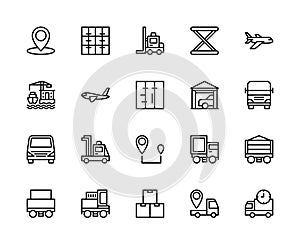 Logistics and cargo transportation vector linear icons set. Logistics icons air transportation, Railway carriage and more